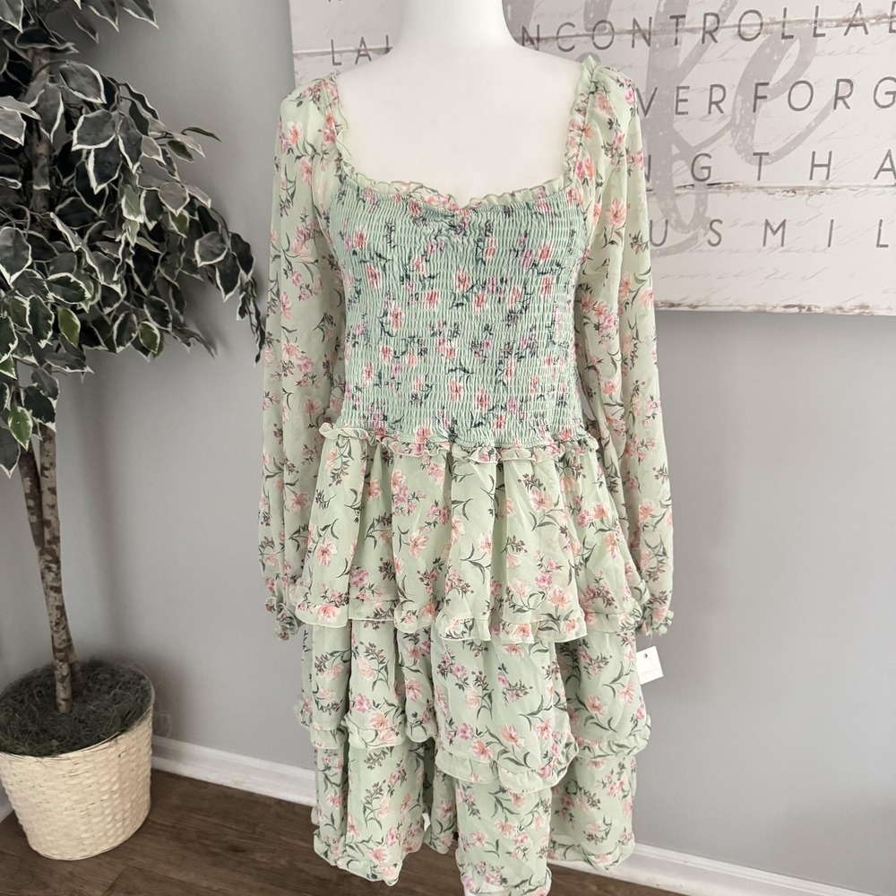 Ultra‎ Flirt Dress Womens 1X Green Floral Smocked Tiered Ruffle Midi Boho Fairy